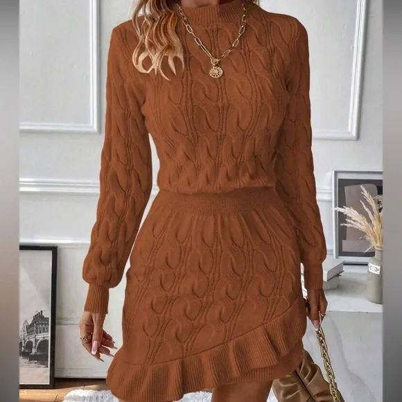 Cozy coffee brown ruffle hem cable knit sweater dress - Picture 9 of 16